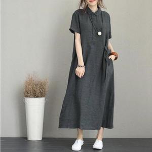 여성 린넨 카라 롱 원피스 여름 반팔 빅사이즈 베이직 루즈핏 3컬러