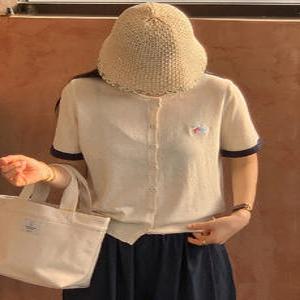 린넨 리본퍼피 배색 라운드 반팔가디건 (one color)