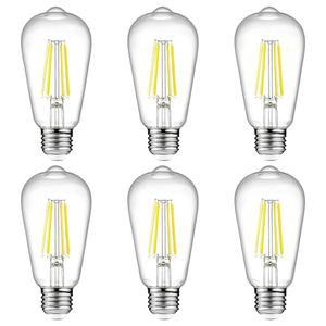 애셔 빈티지 LED 에디슨 전구, 6W, 동급 60W, 고휘도 일광 화이트 4000K, ST58 앤티크 필라멘트 80 이상 CRI, E26 미디엄 베이스, 비 조광성, 투명 유리, 6팩