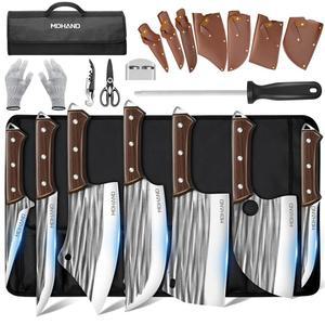 롤백이 포함된 MDHAND 14PCS 전문 정육점 나이프 세트, 핸드 단조 세르비아 셰프 헤비 듀티 미트 클리버