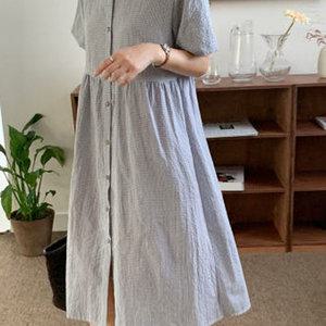 피칸 카라 체크 롱 원피스 여름 여성 반팔 데일리 데이트 빅사이즈