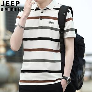 JEEP SPIRIT 남성용 반팔 여름 스트라이프 카라넥 캐주얼 티셔츠