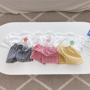아동복 키즈 어린이 여름 의류 숏 티셔츠 격자 무늬 반바지 아기 의상 캐주얼 정장 유아 레저 2 개