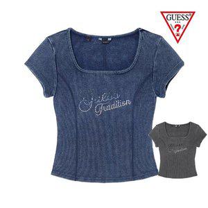 갤러리아 GUESS Jeans S/S [여성] YP2K1441 스퀘어넥 핫픽스 워싱 반팔티