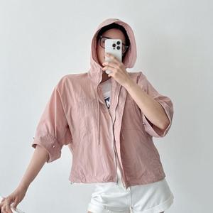 [다잇템] 여성 민무늬 빅사이즈 윈드브레이커 드로우코드 5부소매 후디 점퍼