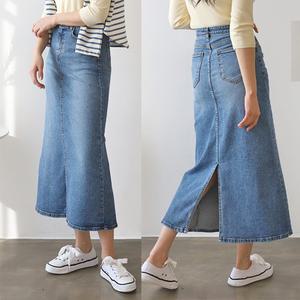 뒷 트임 히든 허리밴딩 중청 데님 롱 스커트 여자 사계절 슬림핏 밴딩 청치마 빅사이즈