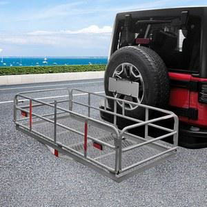 OKLEAD 500파운드 헤비 듀티 히치 마운트 카고 캐리어 60인치 x 24인치 14.4인치 접이식 랙 리어 러기지 바스켓, 자동차 SUV 캠핑 여행용 2인치 리시버(실버)