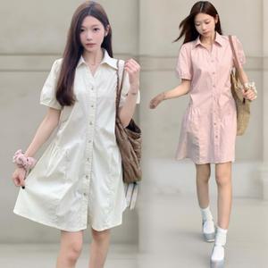 여성 셔츠 반팔 미니 카라넥 셔링 원피스