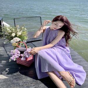 휴양지원피스 민소매 롱 연보라 홀터넥 해변 원피스 플리츠 라벤더 리조트 비치 여행