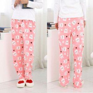 핑크 여자 토끼 얼굴 잠옷 따스한 바지 세트