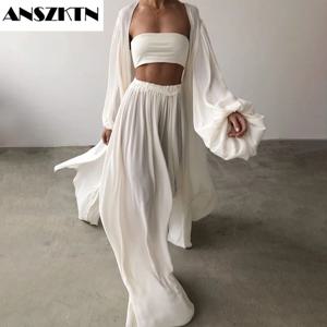 ANSZKTN 짧은 조끼 랜턴 긴 소매 코트, 하이웨이스트 와이드 레그 팬츠, 섹시한 여성 2 종 세트