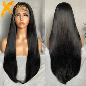 X-TRESS 긴 직선 계층 가발 13X4 레이스 정면 프리 파트 합성 머리 가발 여성용 베이비 헤어 32 인치 블랙 컬러