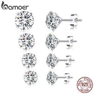 Bamoer CZ 스터드 귀걸이 925 스털링 실버 백금 도금 라운드 큐빅 지르코니아 저자 극성 귀걸이 4mm 5mm 6mm 7mm BSE166