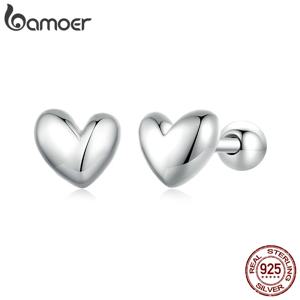 BAMOER 925 스털링 실버 미니 하트 스터드 귀걸이 여성을위한 백금 도금 간단한 귀걸이 달콤한 파인 쥬얼리 선물 BSE886