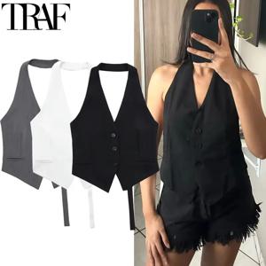 TRAF 블랙 화이트 민소매 조끼 여성 오프 어깨 자른 조끼 여성용 양복 조끼 홀터 조끼 탑 여성 패션 조끼 여성