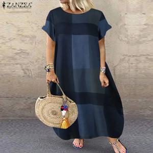ZANZEA 보헤미안 격자 무늬 체크 Sundress 여름 짧은 소매 긴 드레스 패션 홀리데이 파티 Vestido Femme 캐주얼 루즈 가운 2023