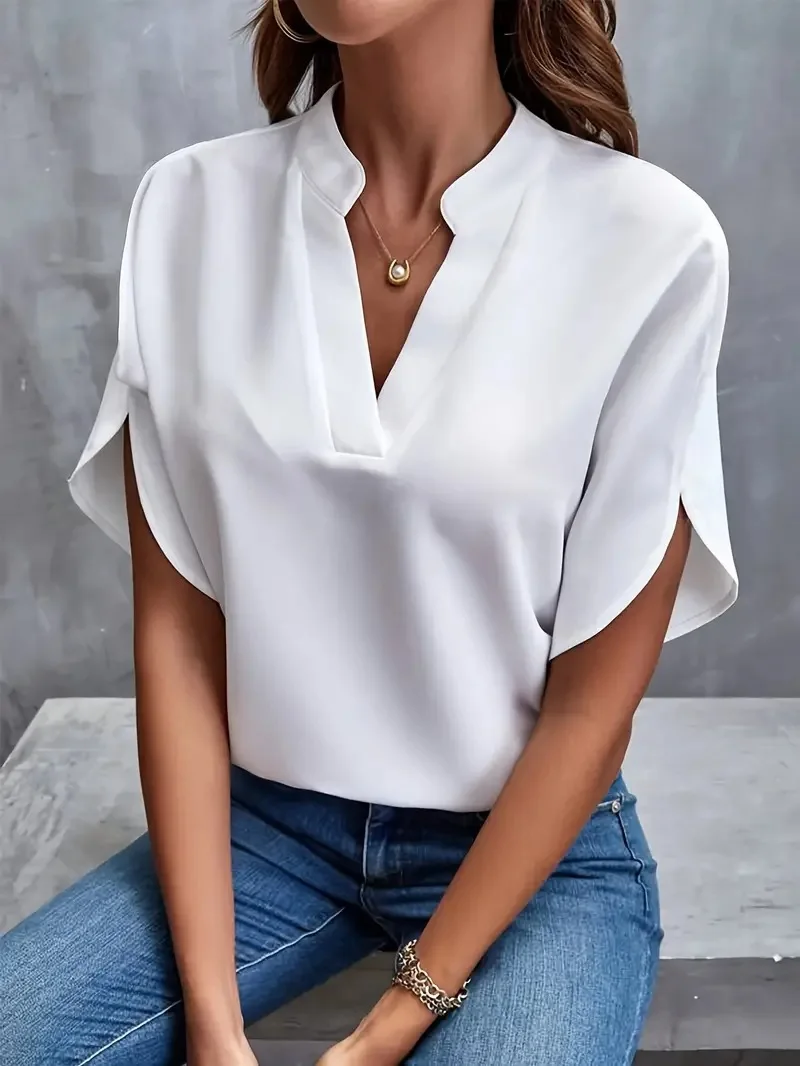 여름 우아한 여성 블라우스 새로운 v 넥 반팔 솔리드 컬러 루즈 셔츠 캐주얼 화이트 탑 Office Lady Blouses