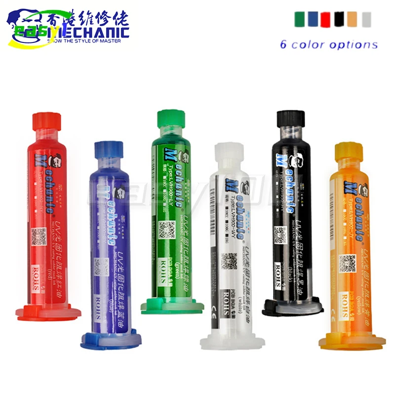 MECHANIC 6 색 10ml UV 경화 솔더 마스크 잉크 PCB BGA 회로 기판 절연 보호 솔더링 페이스트 플럭스 오일 정비공
