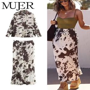 MUJER 프린트 새틴 롱 스커트 여성용 하이웨이스트 미디 스커트 여성용 봄 벨트 여성용 스커트 실린더 빈티지 여성용 스커트 세트