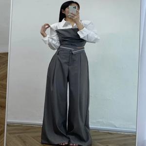 컬러 블록 플리츠 숏 셔츠 여성 하이웨이스트 스프링 신상 디자인 비대칭 팬츠 패션 세트 하이웨이스트 셔츠