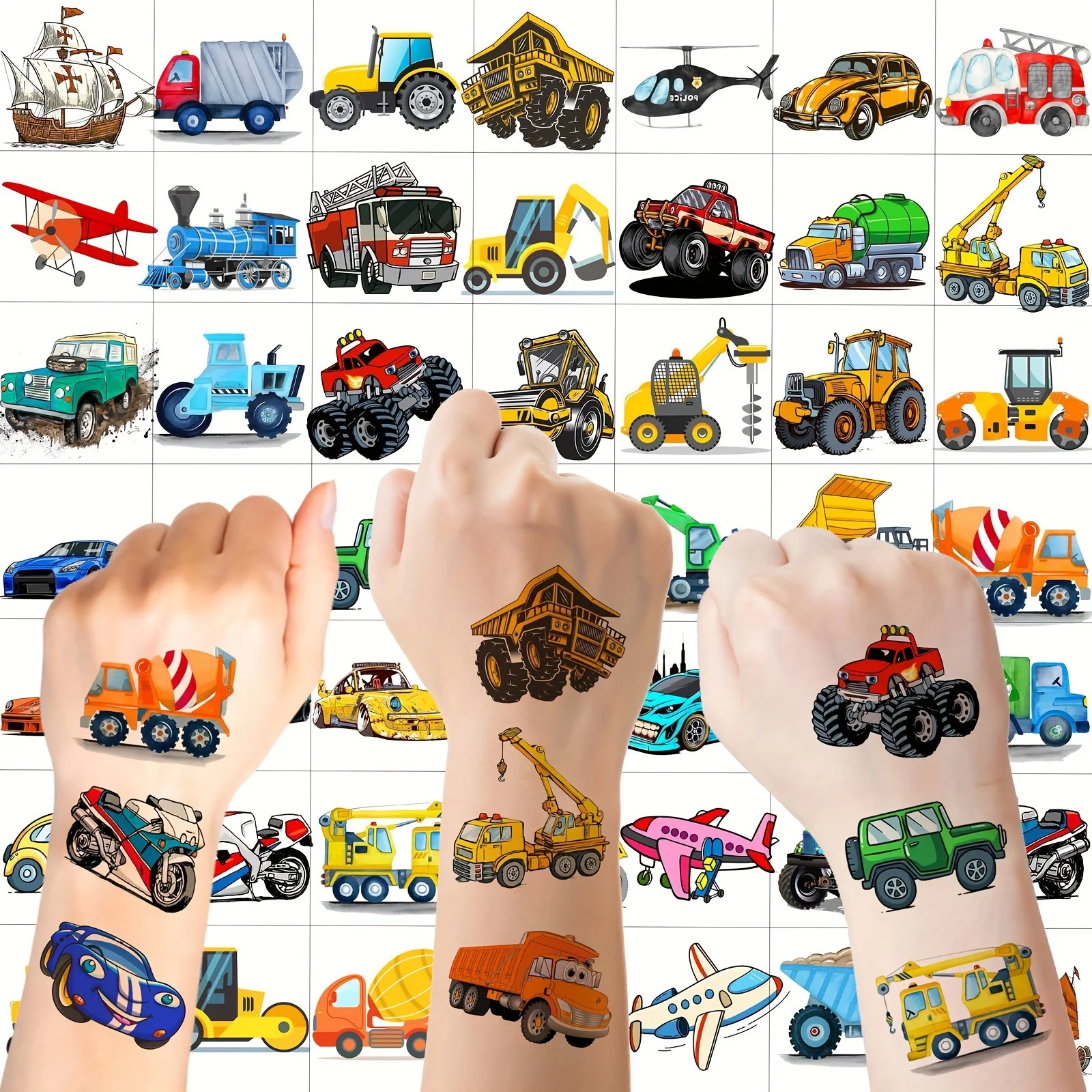 50 PCS 대량 건설 소년을위한 임시 문신 소녀 얼굴 팔 3D 굴삭기 불도저 트럭 레이싱 자동차 가짜 문신 스티커