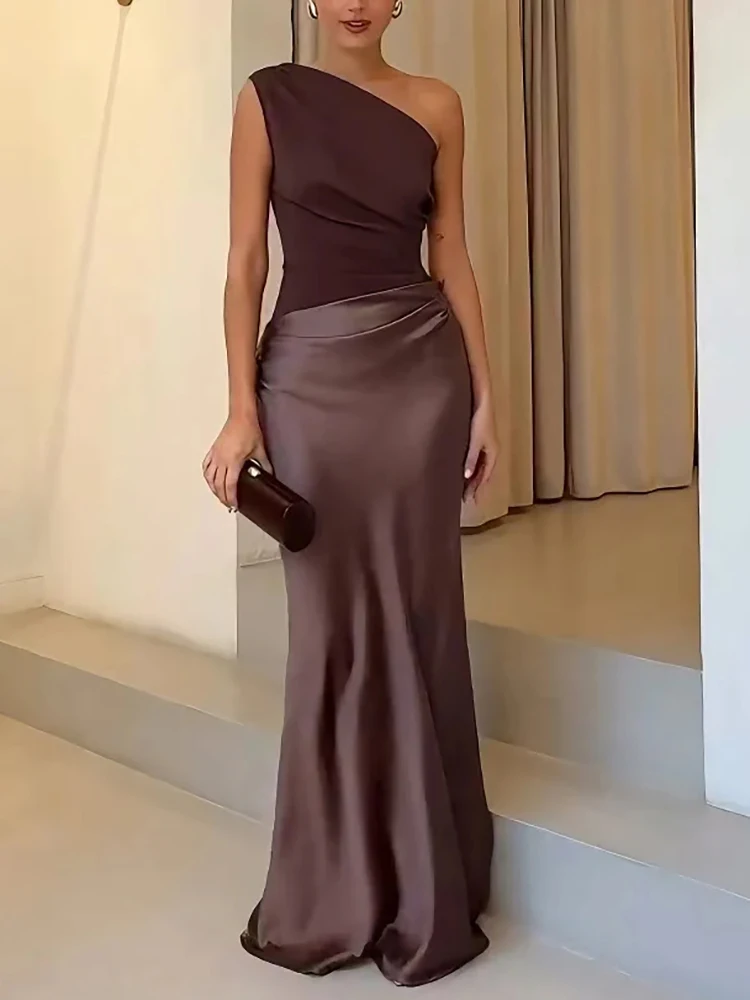 Mozision 새틴 경사 어깨 섹시한 맥시 드레스 여성 패션 패치 워크 민소매 Backless Bodycon 이브닝 클럽 파티 드레스