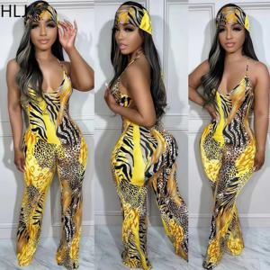 HLJ 섹시한 레오파드 프린트 Bodycon 점프 슈트 여성 얇은 스트랩 민소매 V 넥 와이드 레그 팬츠 Playsuit 여성 전체 스카프