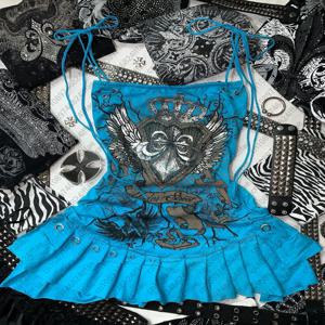 미적 Y2k 소녀 멜빵 탑 Y2k 옷 블루 고딕 활 슬리밍 바닥 여성 드레스 섹시한 여자 하이 스트리트 캐릭터