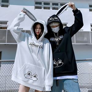 2025 봄 가을 커플 매칭 귀여운 까마귀 플러시 토끼 긴 귀 후드 티셔츠 여성 Kawaii Thicken Pocket Outwear