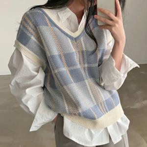 빈티지 v 넥 격자 무늬 스웨터 조끼 여성 가을 ​​겨울 빈티지 니트 스웨터 풀오버 느슨한 한국 니트 탑 Pull Femme 23875