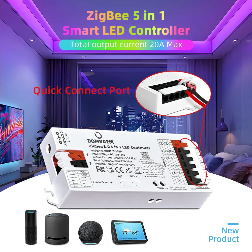 DOMRAEM 지그비 3.0 5-in-1 LED 스트립 컨트롤러 디머 CCT RGB RGBW RGBCCT HU*E SmartThings 앱 음성 제어 20A 최대 지원