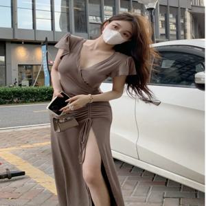 섹시한 v 넥 드로우 스트링 짧은 소매 드레스 여성 여름 슬리밍 미니 오버 무릎 Bodycon 롱 드레스 한국 스타일 하이 웨이스트 스커트