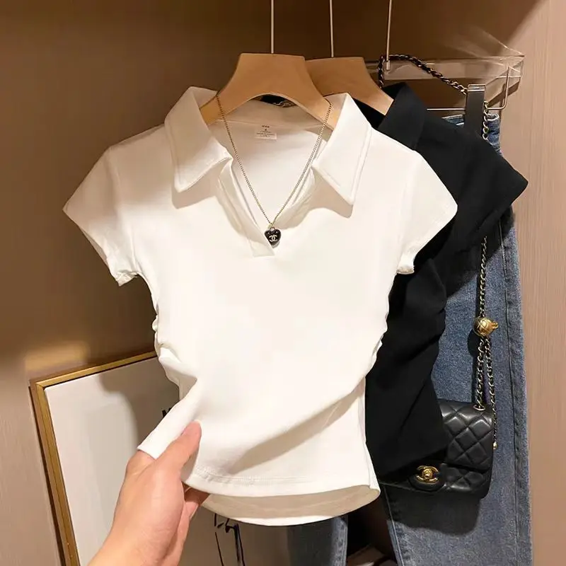 코튼 여름 섹시한 여성 T 셔츠 스키니 슬림 기본 솔리드 크롭 탑 반소매 폴로 TShirtCasual Top Tee for Women