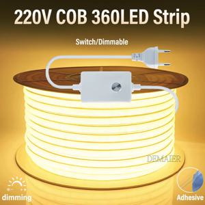 220V COB LED 스트립 스위치 디밍 방수 360Led 스트립 ON/OFF110V 유연한 테이프 룸 침실 주방 정원 조명