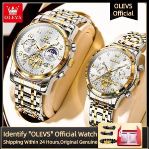 OLEVS 오리지널 연인 시계 쿼츠 무브먼트 럭셔리 손목 시계 크로노 그래프 중공 스테인레스 스틸 방수 남자 숙녀 시계