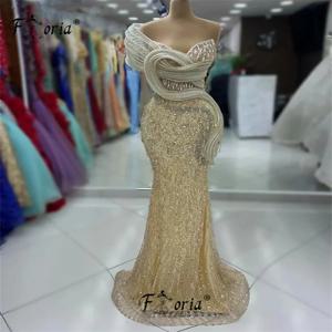 우아한 샴페인 아랍어 인어 공식 파티 드레스 진주 Tassels 민소매 저녁 특별 행사 가운 Robe de soiree 2025