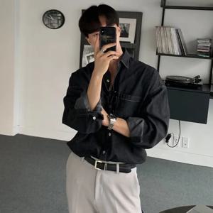아메리칸 레트로 데님 셔츠 자켓 남성용 경량 루즈 긴 소매 하이 엔드 멀티 포켓 작업복 셔츠 여름 패션