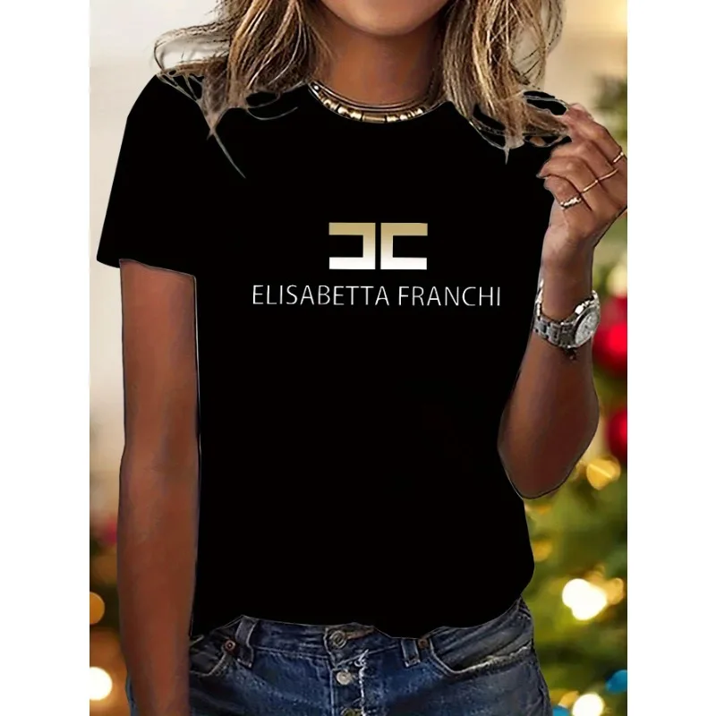 Elisabetta Franchi 여성 티셔츠 레터 프린트 코튼 티셔츠 럭셔리 브랜드 티셔츠 반소매 Y2k 탑 여성 의류 streetwear