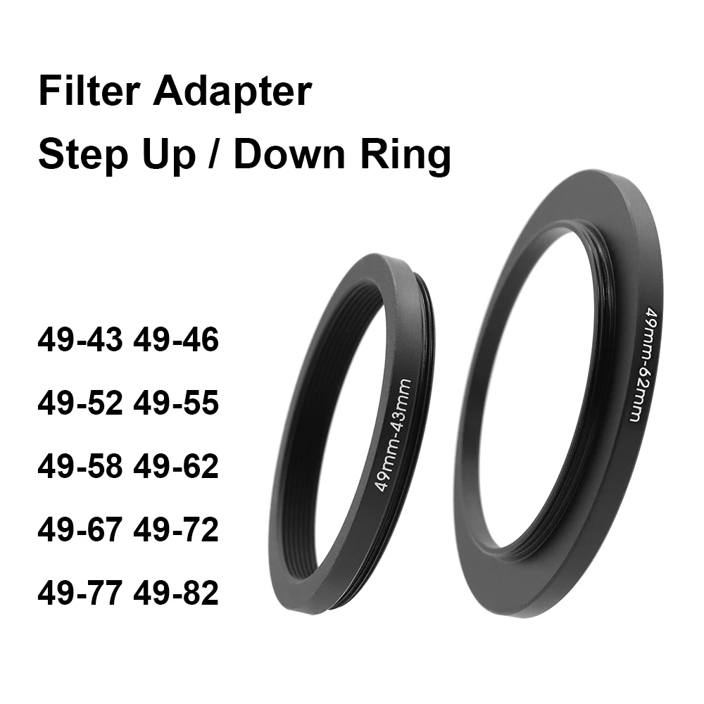 카메라 렌즈 필터 어댑터 링 스텝 업 또는 다운 링 금속 49mm 렌즈 용 - 43 46 52 55 58 62 67 72 77 82mm UV ND CPL 렌즈 후드