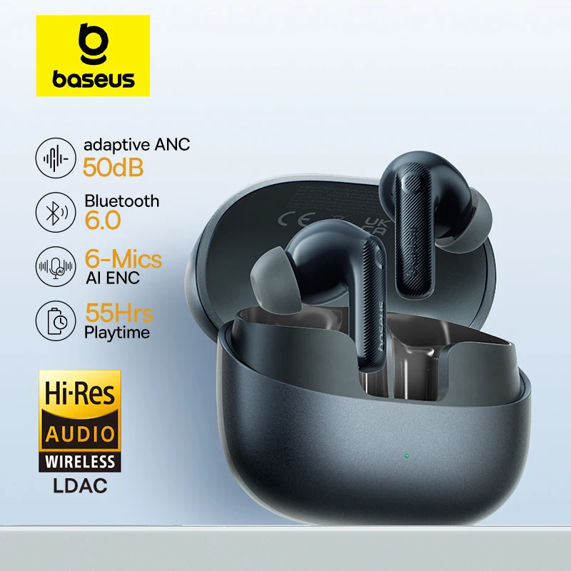 Baseus EP10 Pro ANC 이어버드 무선 블루투스 6.0 이어폰 50dB 실시간 적응형 헤드폰 6 마이크 고해상도 LDAC IP55 이어 버드 노이즈캔슬링 이어폰