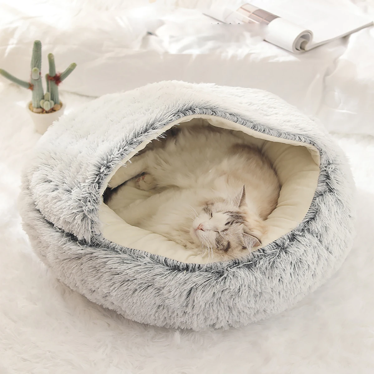 봉제 후드 애완 동물 침대 둥근 푹신한 부드러운 고양이 침대 애완 동물 쿠션 따뜻한 고양이 강아지 2 in 1 수면 둥지 동굴 소형견용