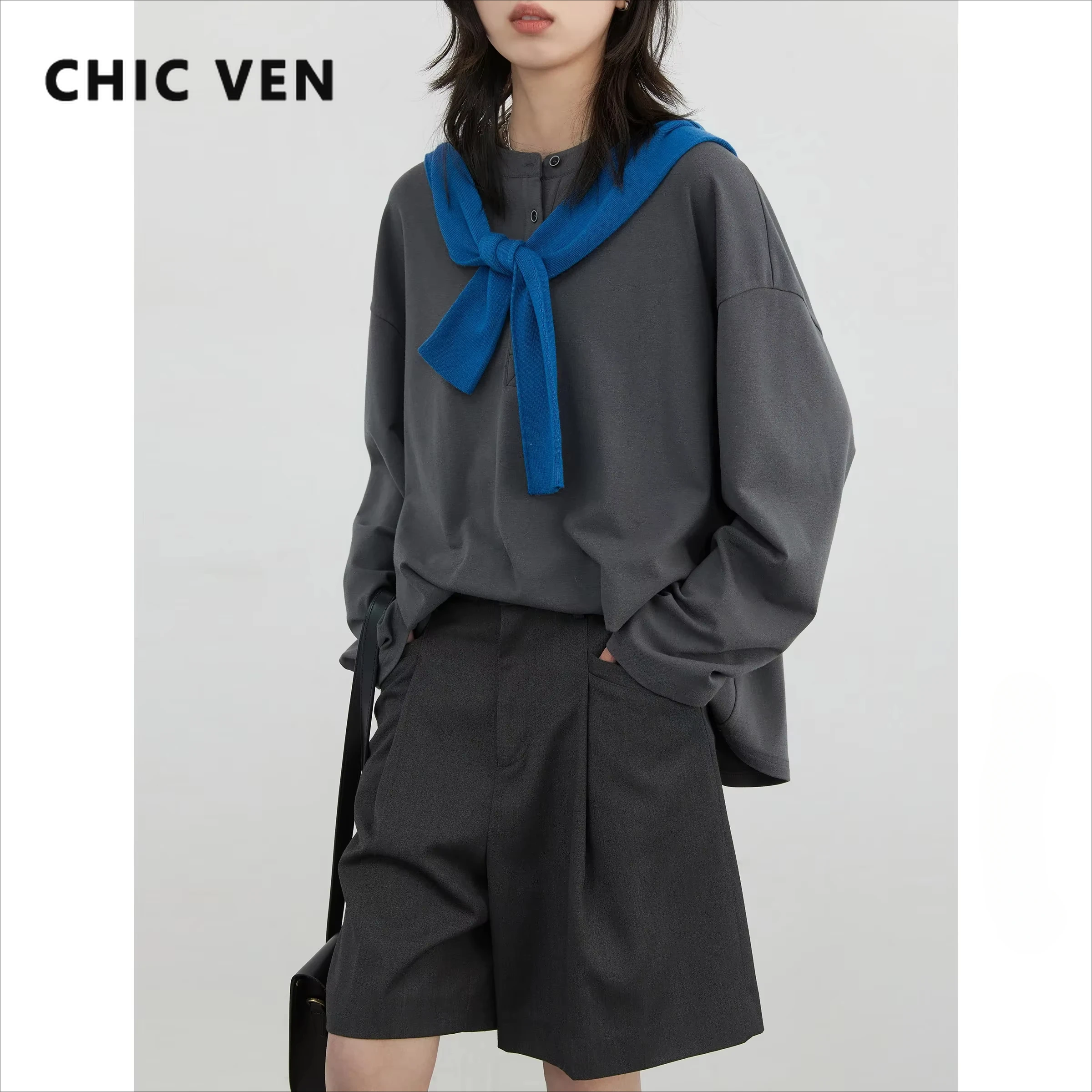CHIC VEN 여성용 캐주얼 루즈 스웨트 셔츠, 하프 오픈 칼라, 긴팔 티셔츠, 신축성 있는 여성 티, 가을 겨울 2025