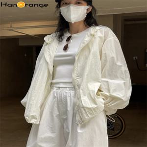 HanOrange 여성용 가볍고 투명한 후드 지퍼 자외선 차단 재킷, 루즈한 실루엣, 얇은 긴팔 재킷, 2024 여름
