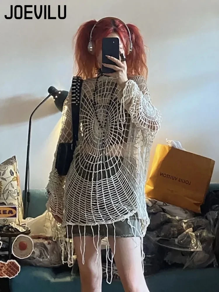 JOEVILU 중공 니트 후드 탑 여성 고스 스파이더 웹 스웨터 여성 한국어 패션 낚시 그물 블라우스 Babes Mesh Pullovers
