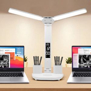 LED 시계 테이블 램프 USB 충전식 터치 책상 조명 2 헤드 180 회전 접이식 눈 보호 데스크탑 독서 야간 조명