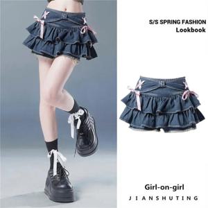 블루 데님 플리츠 스커트 보우 폴드 디자인 여성 A 라인 짧은 스커트 반바지 내장 American Spicy Girl Korean Fashion Hotsweet