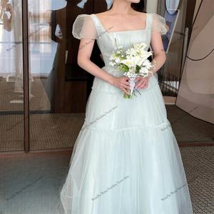 요정 Tulle A 라인 웨딩 드레스 한국어 사진 촬영 퍼프 반팔 댄스 파티 드레스 바닥 길이 신부 파티 드레스 맞춤형
