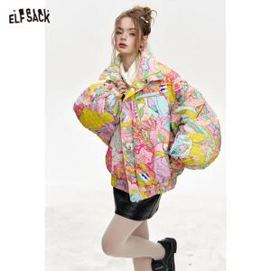 ELFSACK 2024 여성용 스탠드 칼라, 루즈 풀 프린트 숏 다운 재킷, 겨울 신상