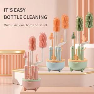 4Pcs 실리콘 아기 병 브러시 긴 손잡이 청소 세트 360 학위 회전 클리너 젖꼭지 브러시 세트 먹이 병 클리너