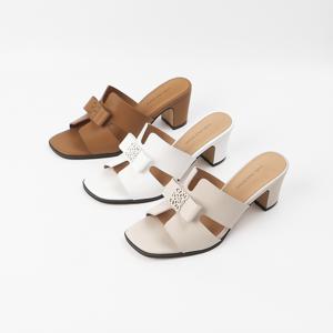 신난다슈 여성 뮬 슬리퍼 힐 6cm 리본 뮬 샌들 힐 소가죽 토오픈 통굽 GDR252079
